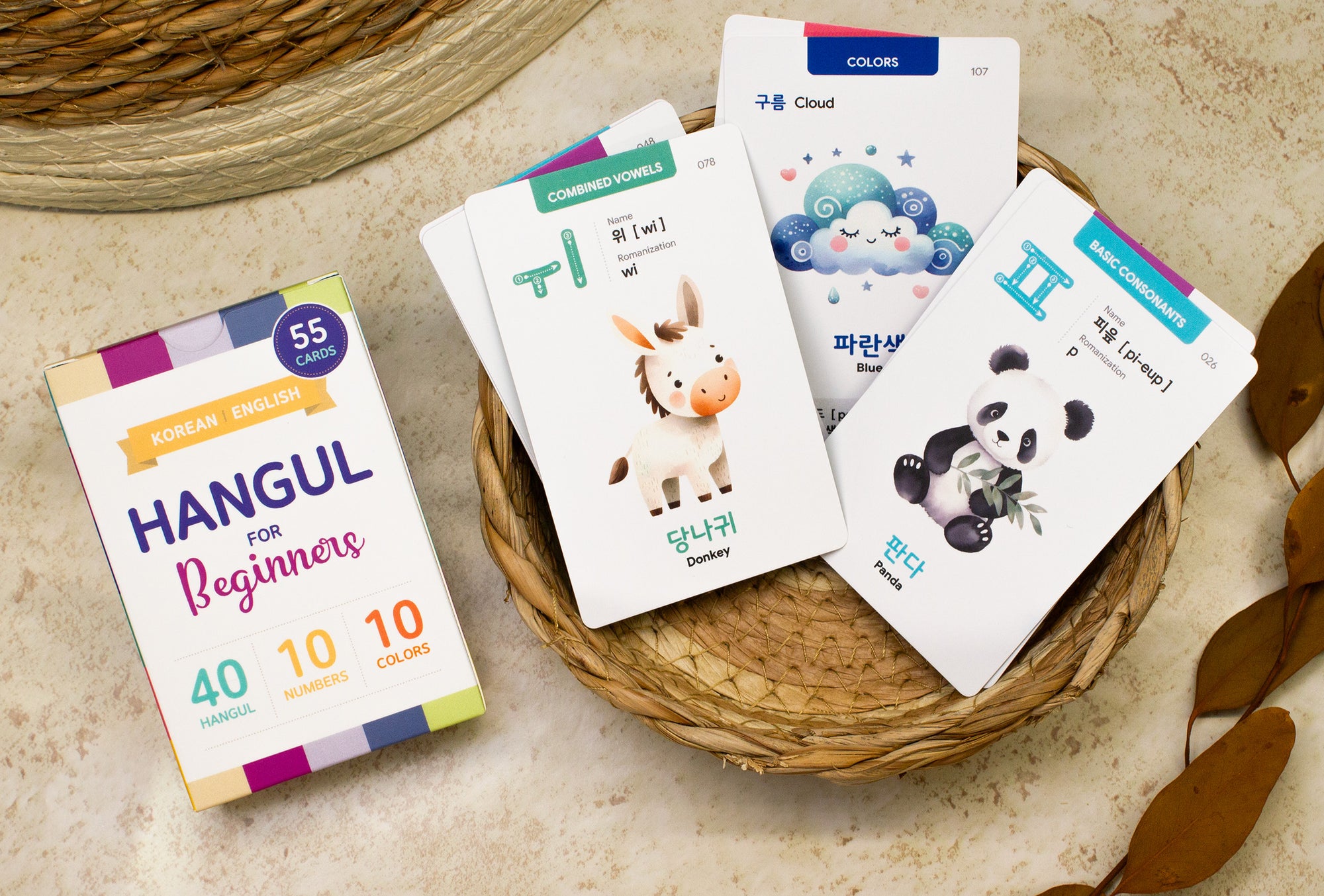 55 Korean Hangul Flashcards for Beginners: 40 Hangul+10 Numbers+10 Colors