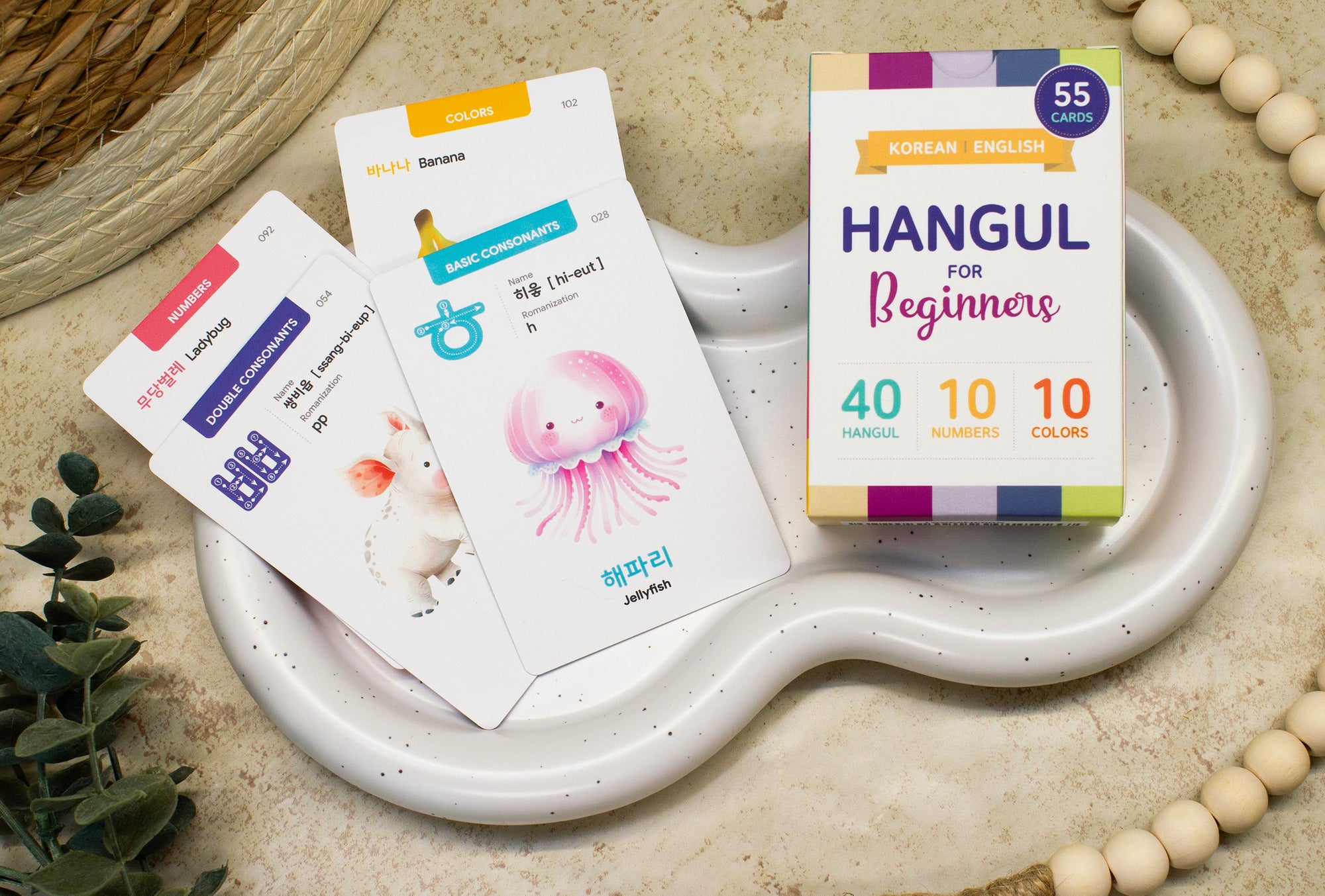 55 Korean Hangul Flashcards for Beginners: 40 Hangul+10 Numbers+10 Colors