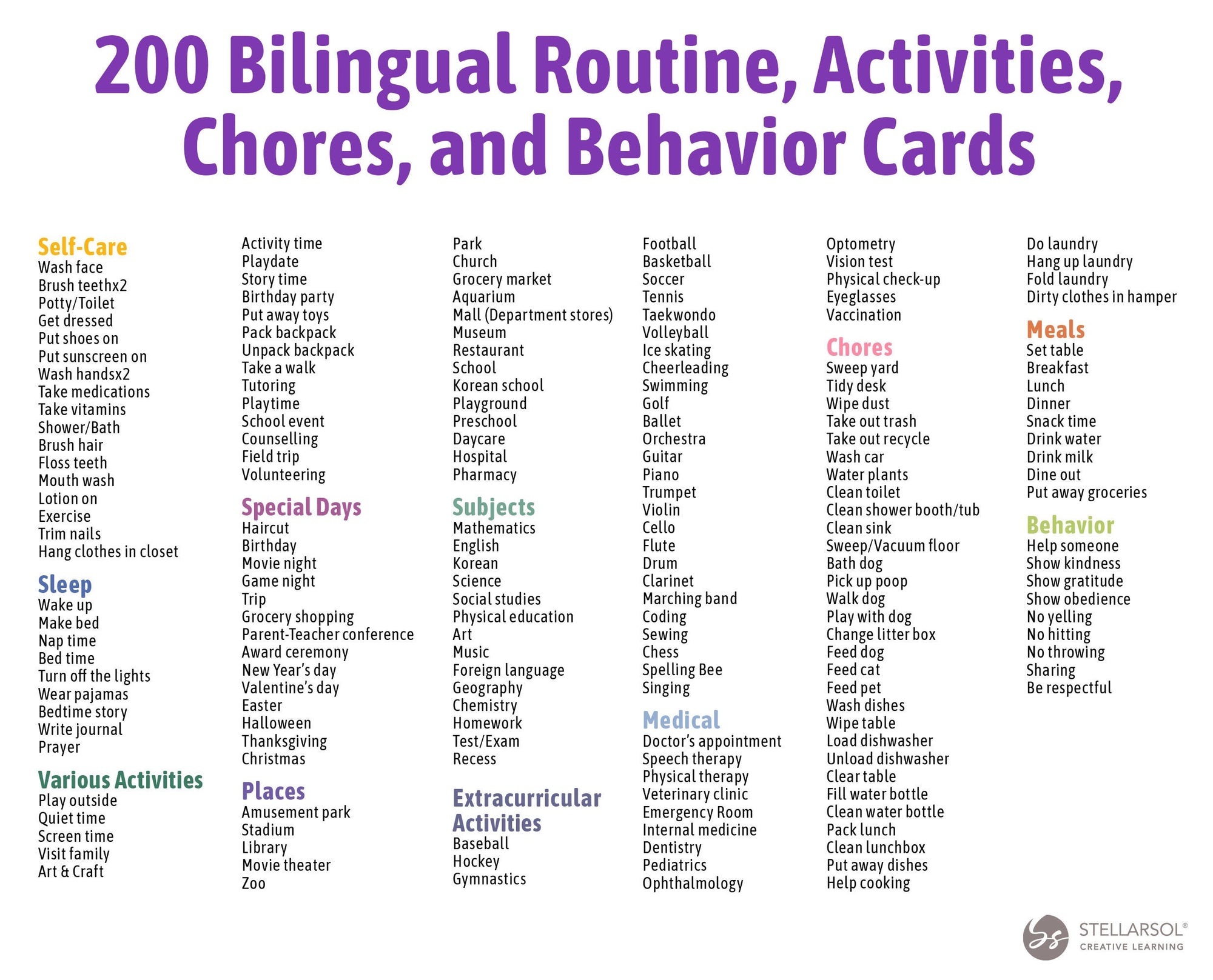 Printable Korean-English 200 Routines, Activities, Chores Cards, Reward Tokens, &amp; Charts